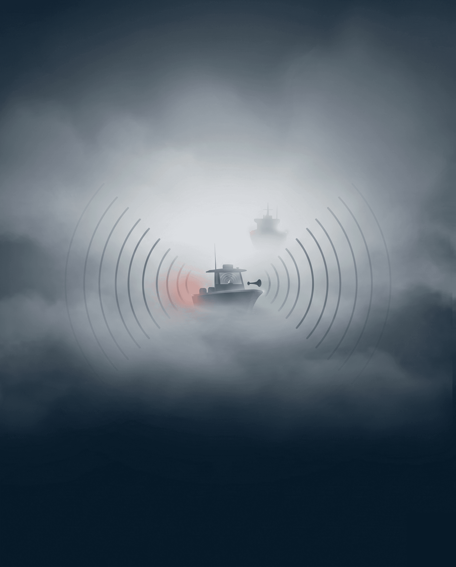 Boot in dichte mist met beperkt zicht en navigatielichten aan