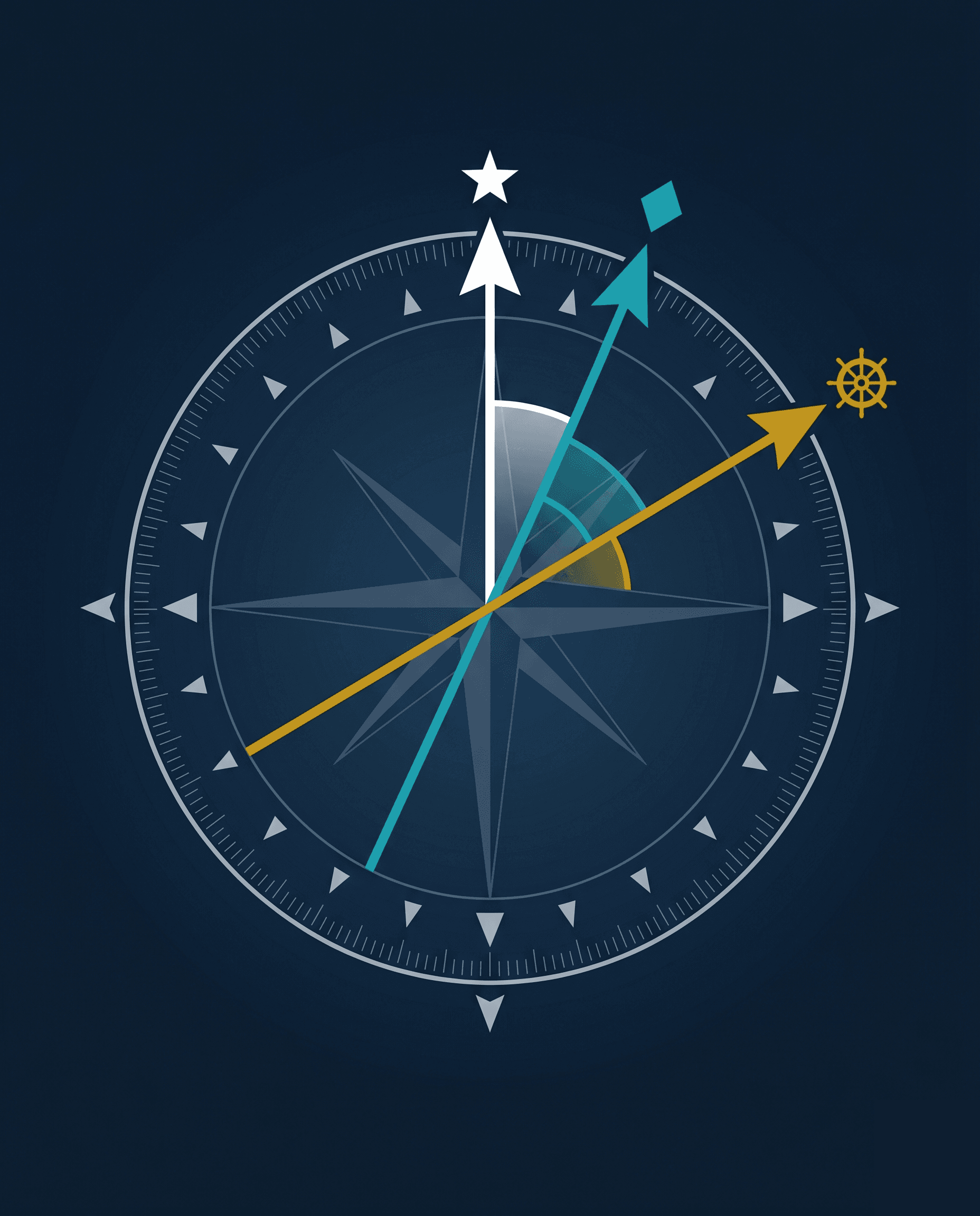 Kompasroos met drie noord-pijlen: ware, magnetisch en kompas noorden met variatie- en deviatie-hoeken