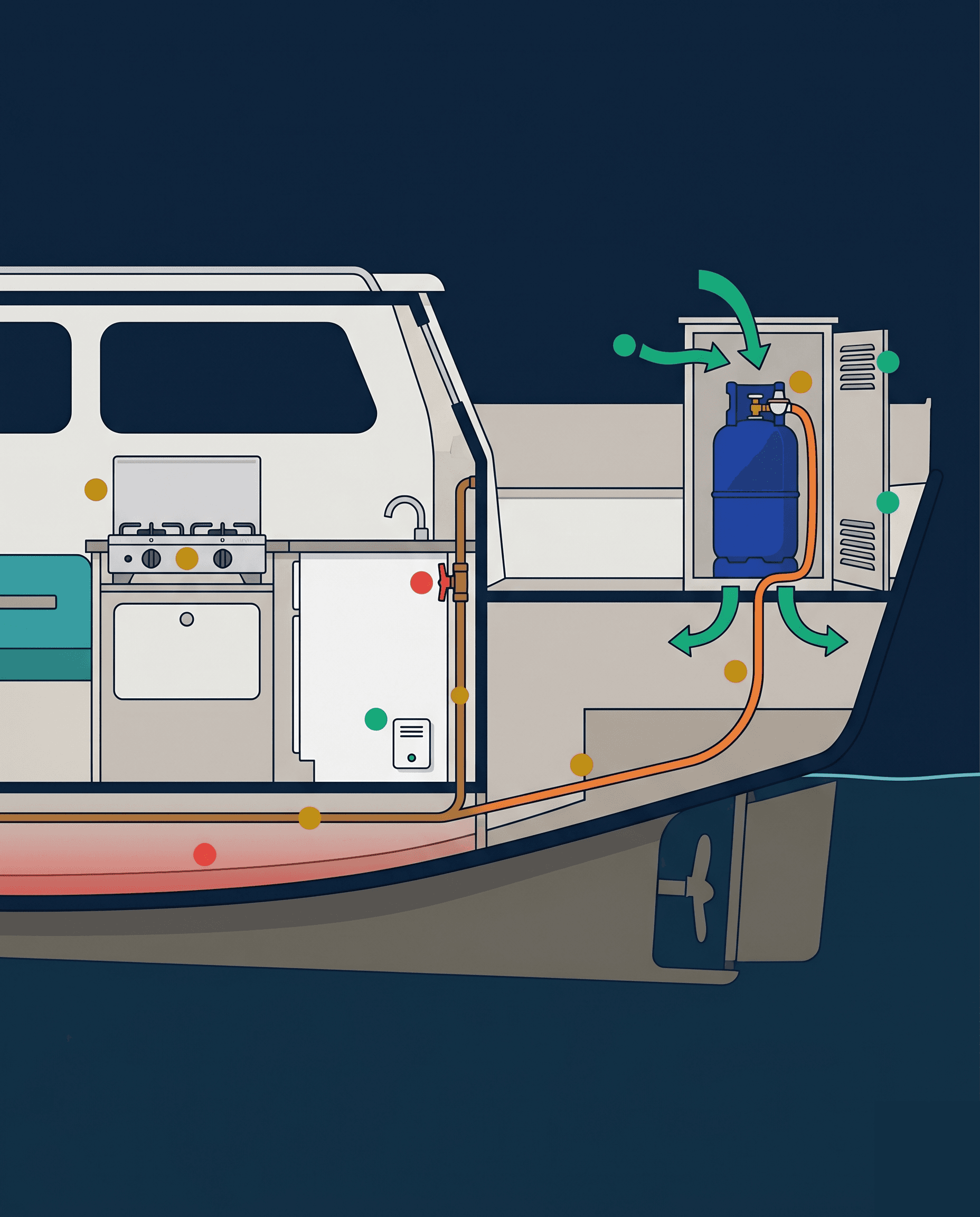 Cutaway van een boot-cabine met gasfles in geventileerde kast, kooktoestel, gasslang en bilge met detector