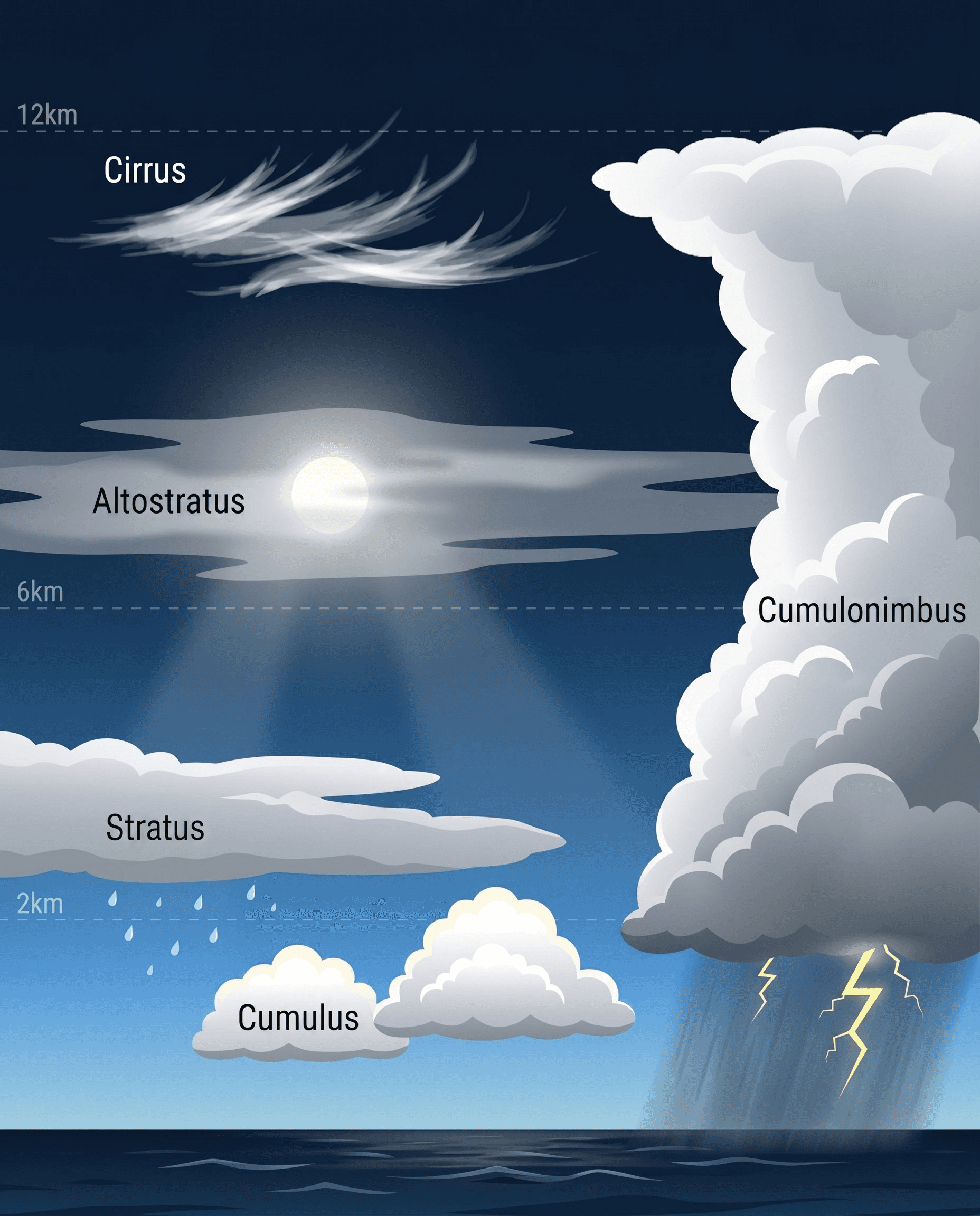 Hemelscene met 5 wolkentypen op verschillende hoogtes