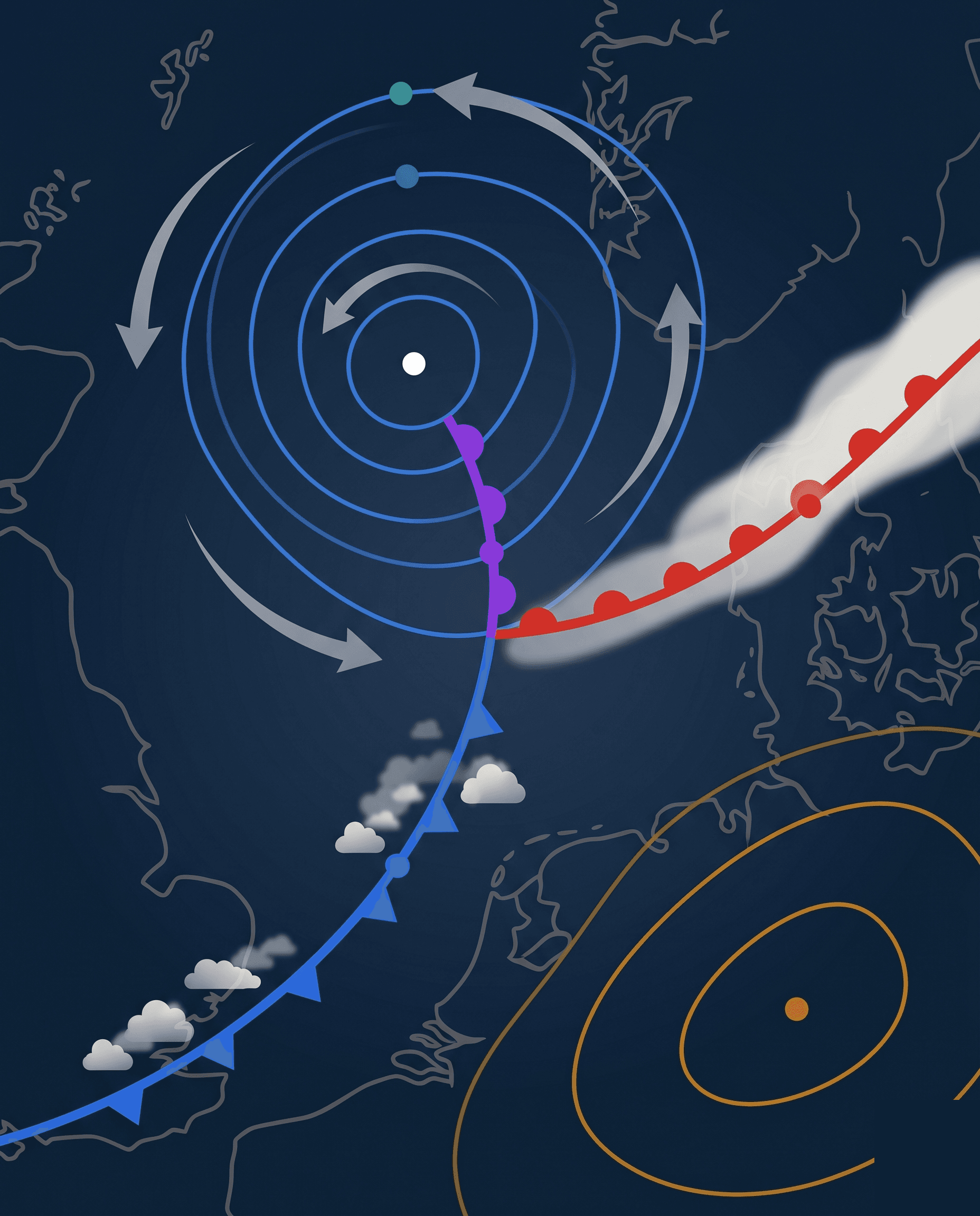 Weerkaart met lagedrukgebied, warmtefront, koufront, occlusie en hogedrukgebied