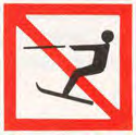Rood-omrande ruit met een pictogram van een waterskiër en een schuine balk erdoorheen. Betekenis: verboden te waterskiën.