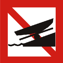 Rood-omrande ruit met een pictogram van een boot op een helling/trailer bij water en een schuine balk erdoorheen. Betekenis: verboden schepen te water te laten.