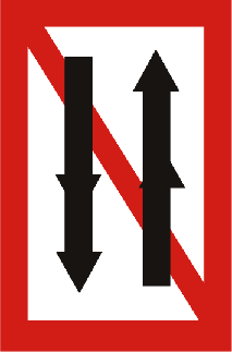 Smallere/hogere variant van hetzelfde pictogram (pijl omhoog/omlaag met schuine balk). Betekenis: ontmoeten en voorbijlopen van samenstellen onderling verboden (uitzondering voor kleine duwstellen, zie brontekst).