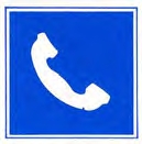 Blauw bord met een witte telefoonhoorn. Betekenis: telefoon.