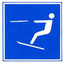 Blauw bord met een wit waterskiër-pictogram. Betekenis: waterskiën toegestaan.