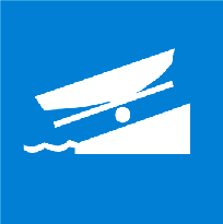Blauw bord met een wit pictogram van een boot op een trailerhelling bij water. Betekenis: toegestaan schepen te water te laten (trailerhelling).