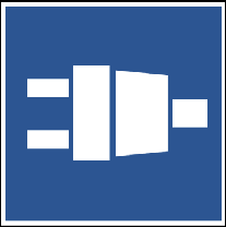 Blauw bord met een wit stekker/aansluiting-pictogram. Betekenis: aansluiting voor walstroom beschikbaar.