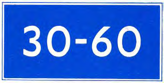 Blauw bord met "30-60" (bereik). Betekenis: toestemming ligplaats te nemen op het gedeelte van de vaarweg tussen de aangegeven afstanden in meters, gerekend vanaf het bord.