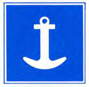 Blauw bord met een wit ankersymbool. Betekenis: toestemming te ankeren aan de zijde van de vaarweg waar het bord is geplaatst.