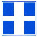 Blauw bord met een symmetrisch wit-blauw kruispatroon (vier gelijke kwadranten). Betekenis: het gevolgde vaarwater geldt als hoofdvaarwater ten opzichte van het vaarwater dat daarin uitmondt (geen verwijzing).