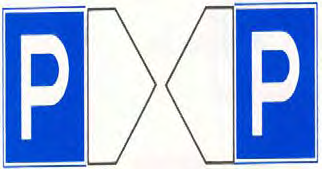 Twee blauwe "P"-borden (meren toegestaan) rond een zwart zandloper-achtig pictogram (versmalling). Betekenis: aanvullende aanduidingen; onderbord onder het hoofdteken met een nadere verklaring of aanwijzing (voorbeeld: versmalling in verband met brugbouw).