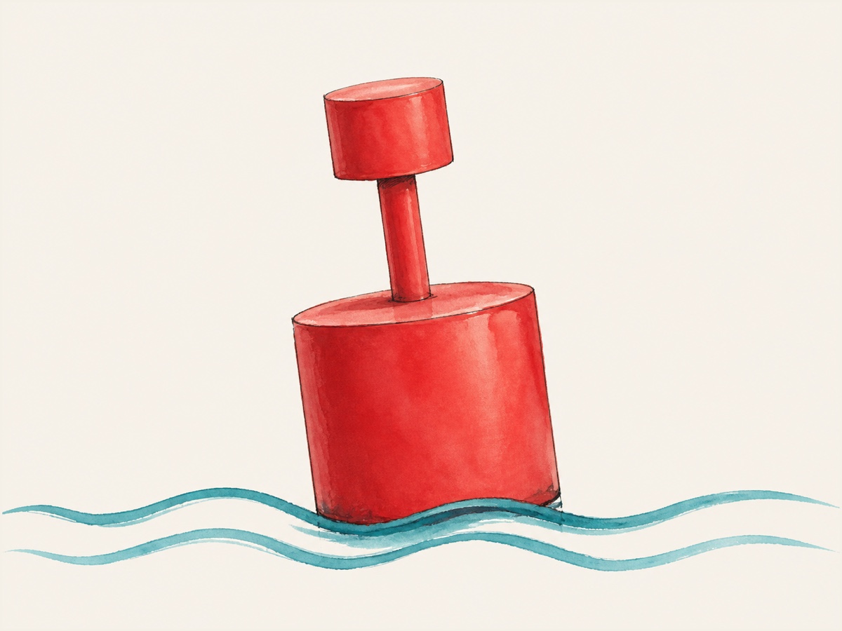 Aquarelillustratie van een rode, stompe (cilindervormige) betonningston met een cilindervormig rood topteken, drijvend op golvend water.
