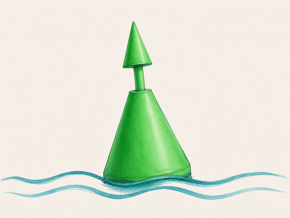 Aquarelillustratie van een groene, spitse (kegelvormige) betonningston met een kegelvormig groen topteken, drijvend op golvend water.