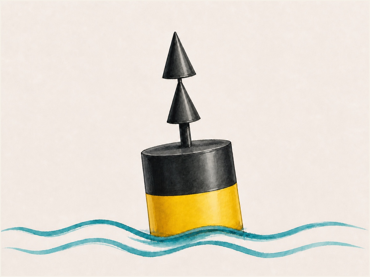 Aquarelillustratie van een zwart-gele kardinaalton met twee zwarte kegeltoptekens die beide met de punt omhoog wijzen.