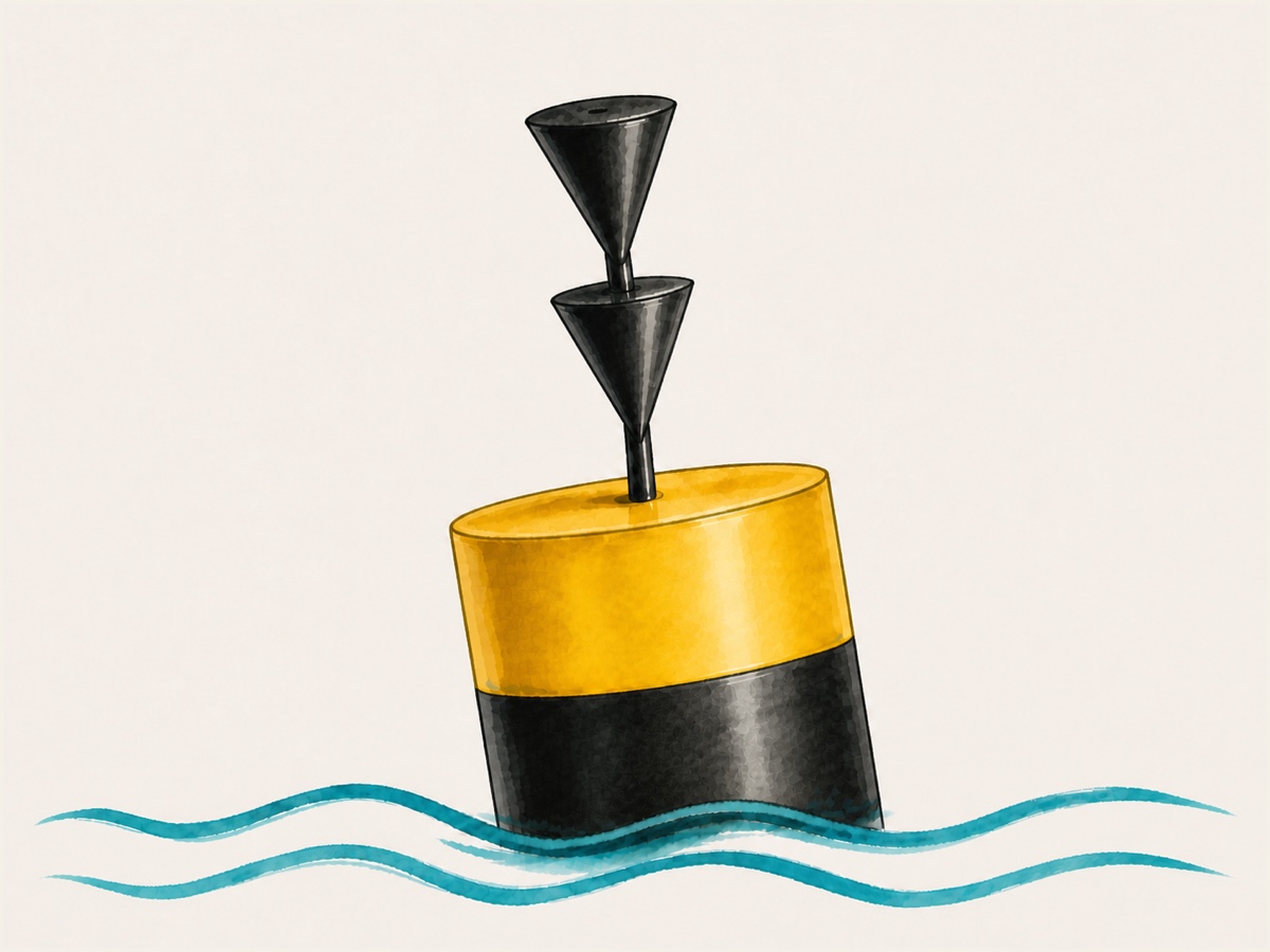 Aquarelillustratie van een geel-zwarte kardinaalton met twee zwarte kegeltoptekens die beide met de punt omlaag wijzen.