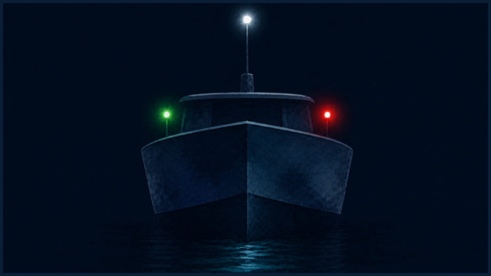 Nachtelijke illustratie van een motorschip recht van voren gezien, met een wit masttoplicht boven en een groen en een rood zijlicht aan weerszijden van de boeg.