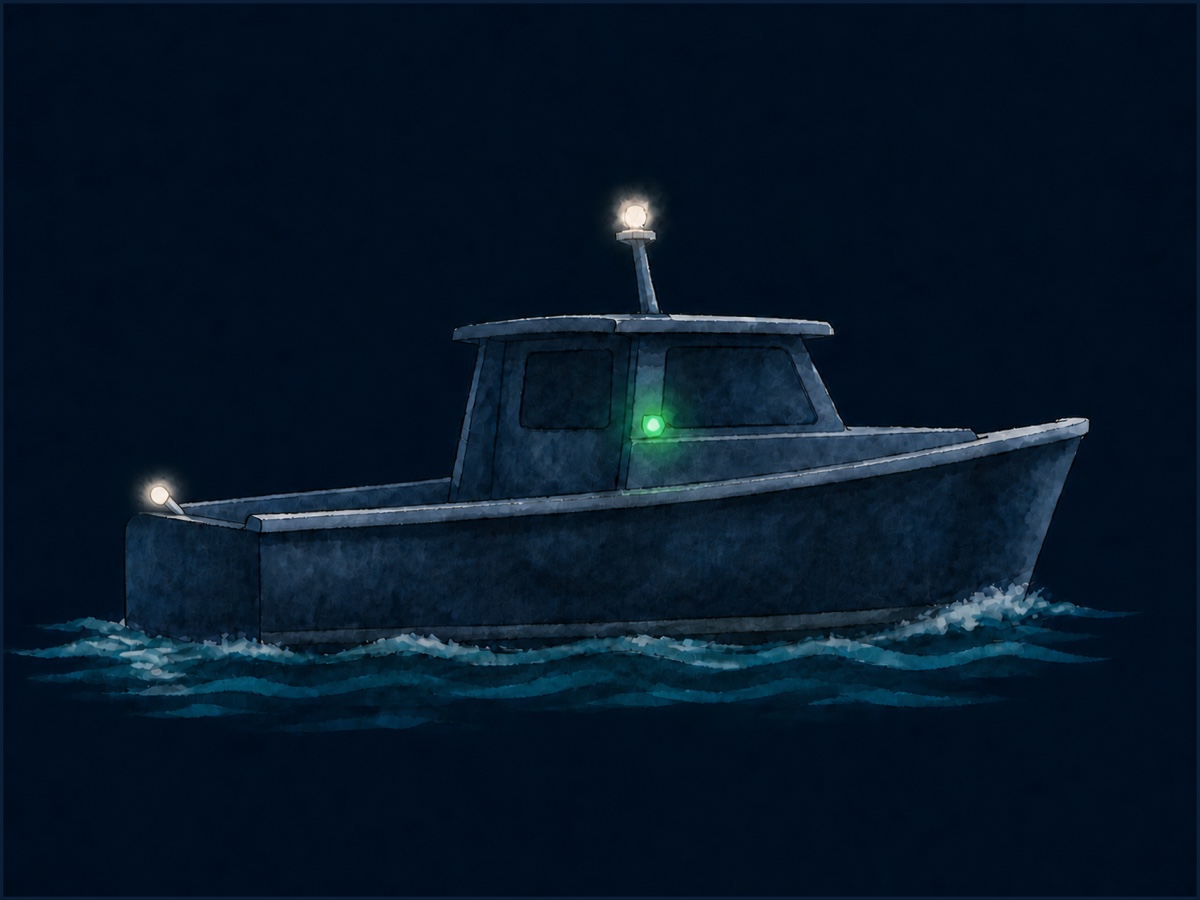 Nachtelijke illustratie van een klein motorschip van opzij, in vaart, met een wit masttoplicht op een stok en een groen zijlicht zichtbaar bij de stuurhut.