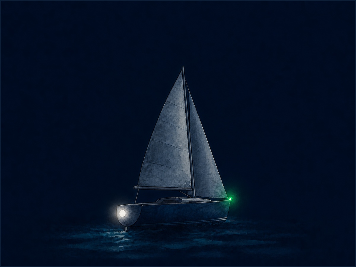 Nachtelijke illustratie van een zeilend zeilschip van opzij, met gehesen zeilen en een wit heklicht en een groen zijlicht zichtbaar.