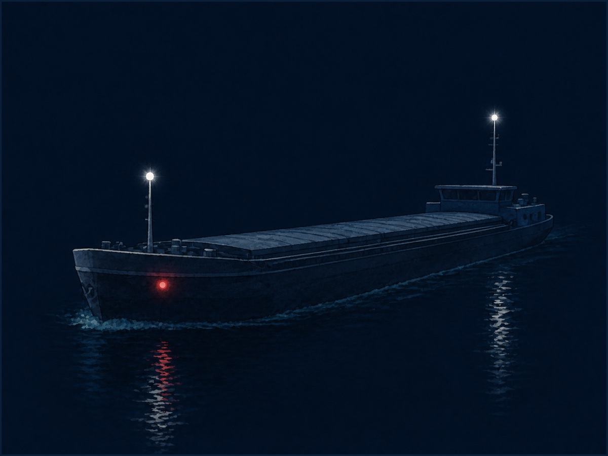 Nachtelijke illustratie van een groot vrachtschip schuin van achteren gezien, met twee witte masttoplichten op verschillende hoogte, een rood zijlicht en een verlichte stuurhut.