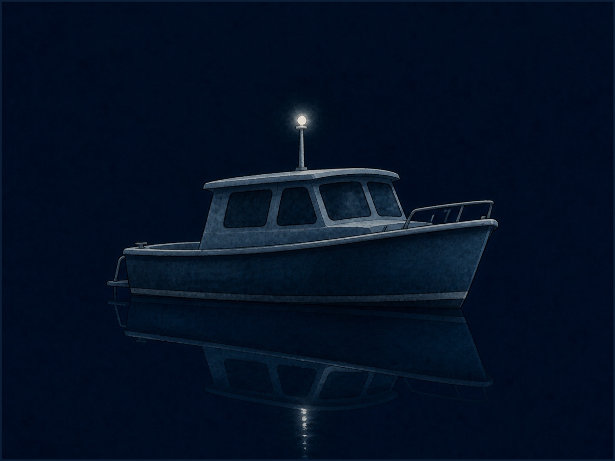 Nachtelijke illustratie van een klein motorschip stil op kalm water, met één wit rondomlicht op een lage stok als ankerlicht, weerspiegeld in het water.