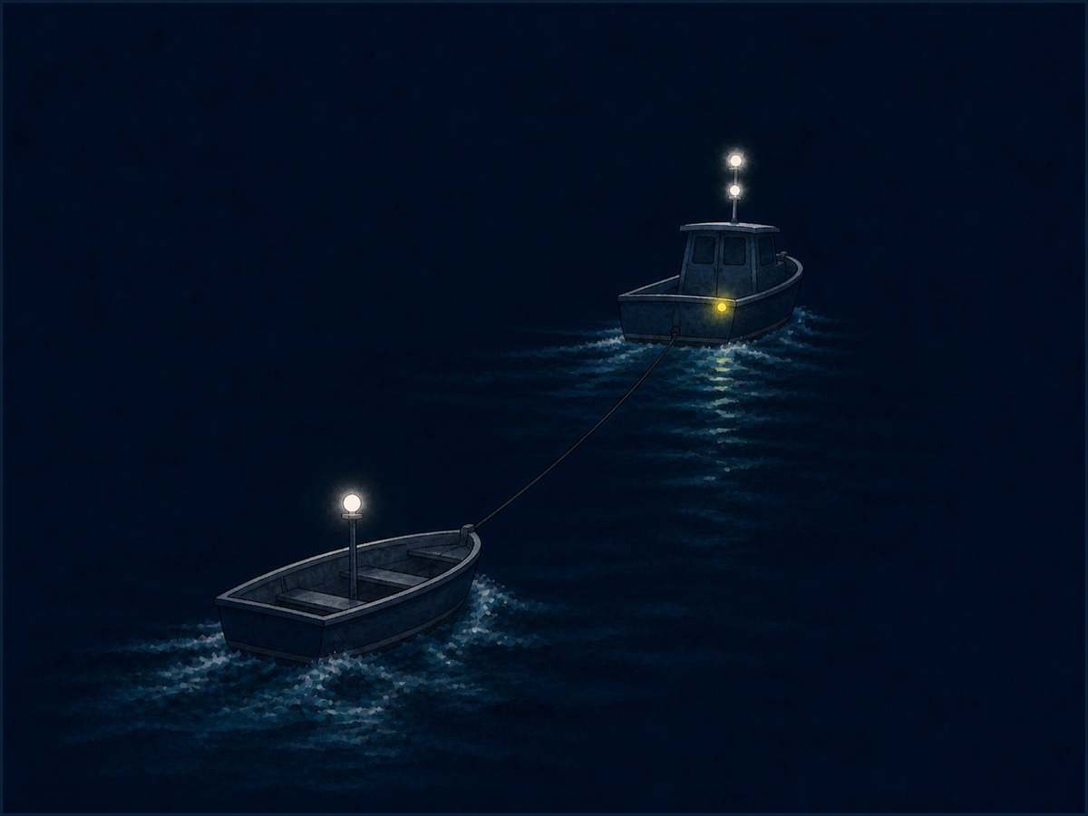 Nachtelijke illustratie van een sleepboot die een klein bootje voortsleept aan een sleeplijn; de sleepboot voert twee witte masttoplichten boven elkaar en een geel sleeplicht, het gesleepte bootje voert één wit licht.
