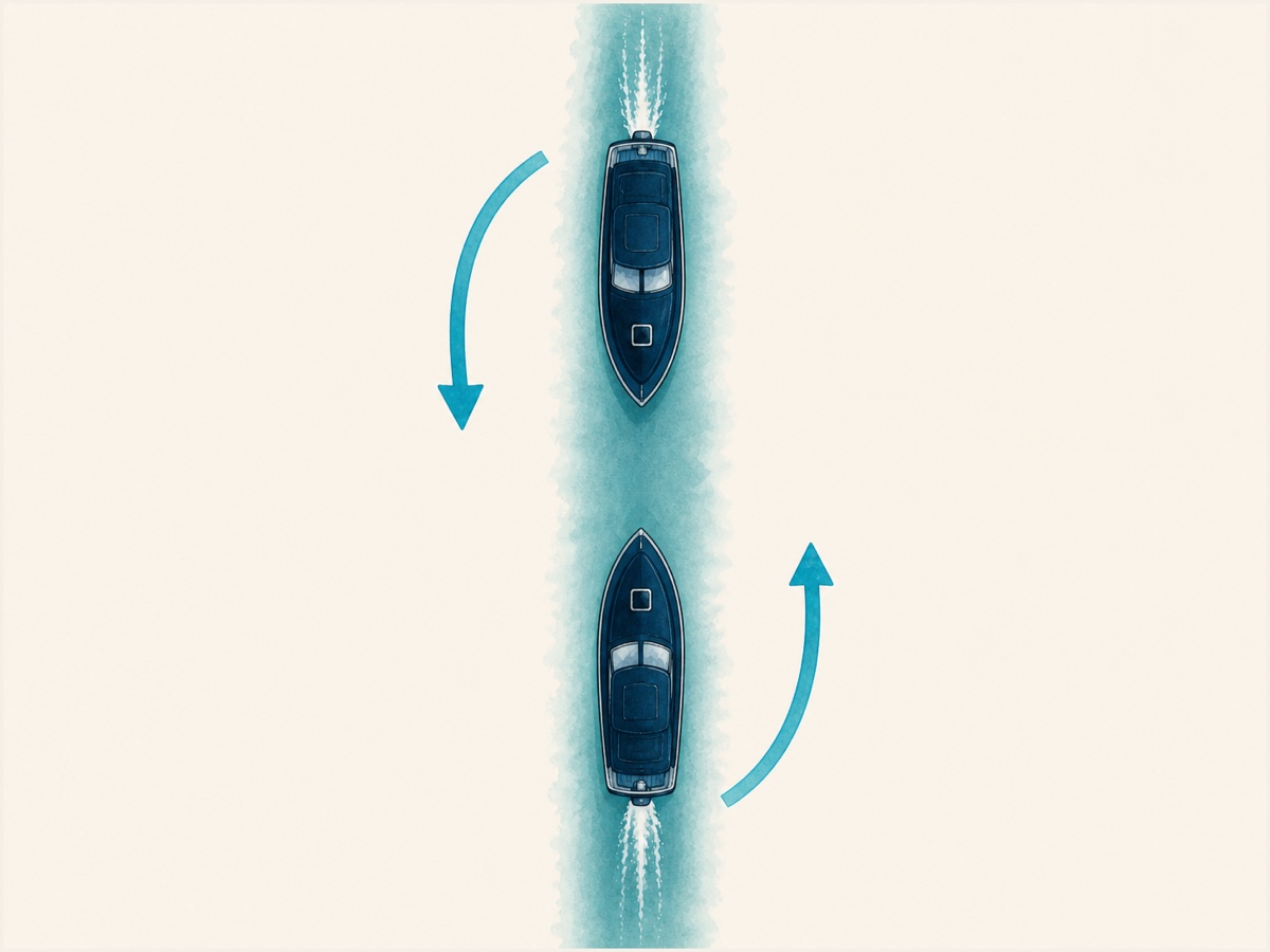 Bovenaanzicht-diagram van twee motorschepen die elkaar in een vaargeul recht tegemoet varen, elk met een pijl die een koerswijziging naar de eigen stuurboordzijde toont.