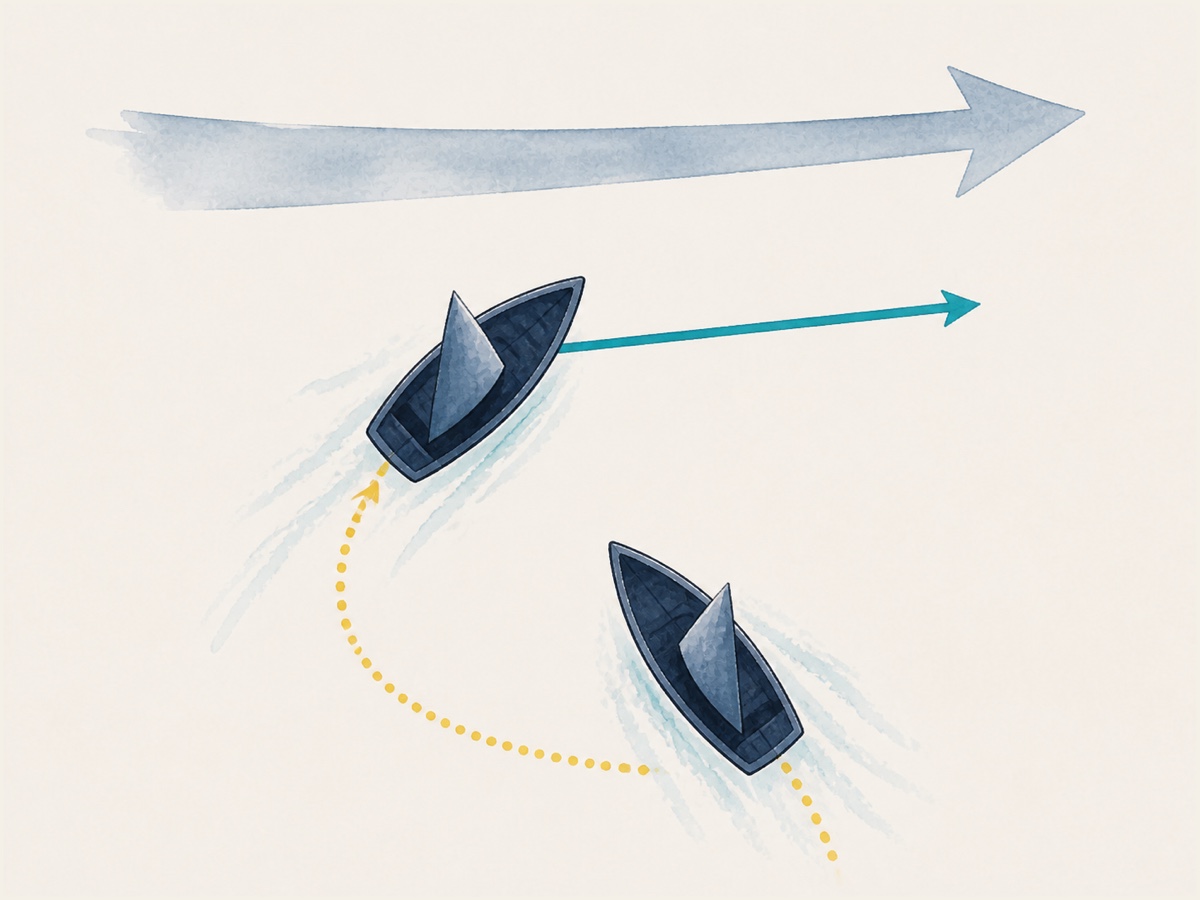 Bovenaanzicht-diagram van twee zeilboten met pijlen die koers en windrichting per boot tonen, ter illustratie van voorrang tussen zeilschepen onderling.