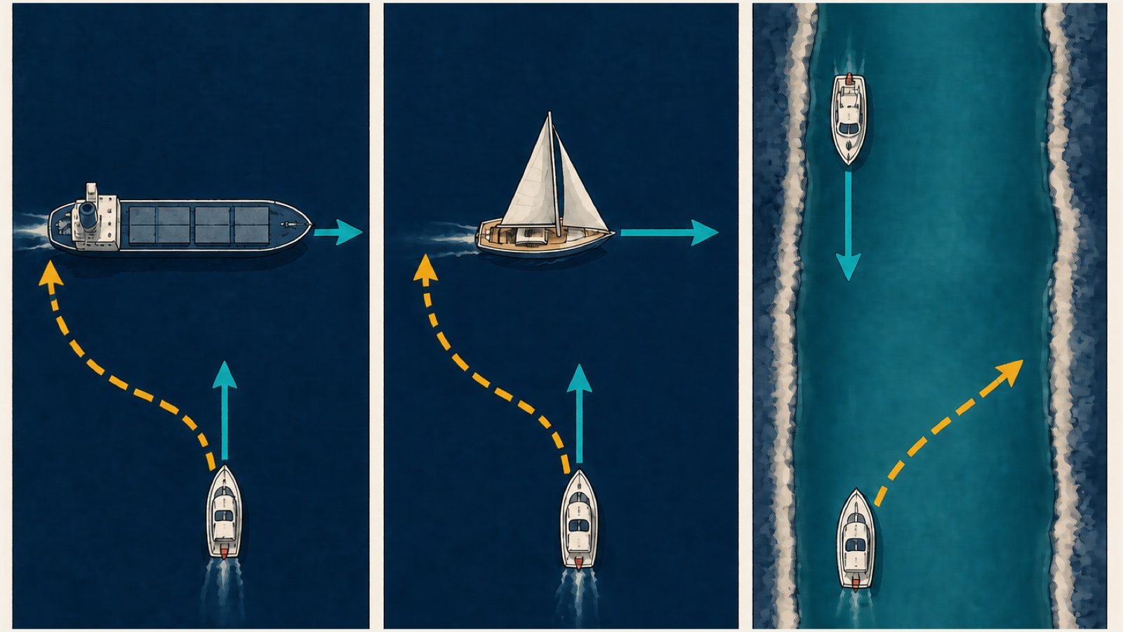 Drieluik-diagram met bovenaanzichten: een klein motorschip dat wijkt voor een groot vrachtschip, een klein motorschip dat wijkt voor een zeilschip, en een klein schip dat vanuit een nevenvaarwater een hoofdvaargeul invoegt.