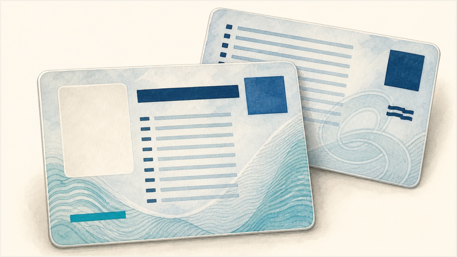 Illustratie van twee pasjes in de stijl van een vaarbewijspas, met een pasfotovak, tekstregels en een golvend watermotief.