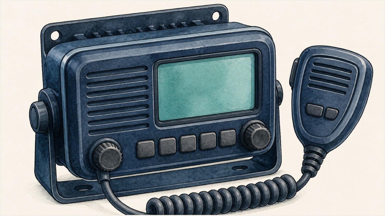 Illustratie van een vaste (ingebouwde) marifoon met display en bedieningsknoppen, met een handmicrofoon aan een gekrulde kabel.
